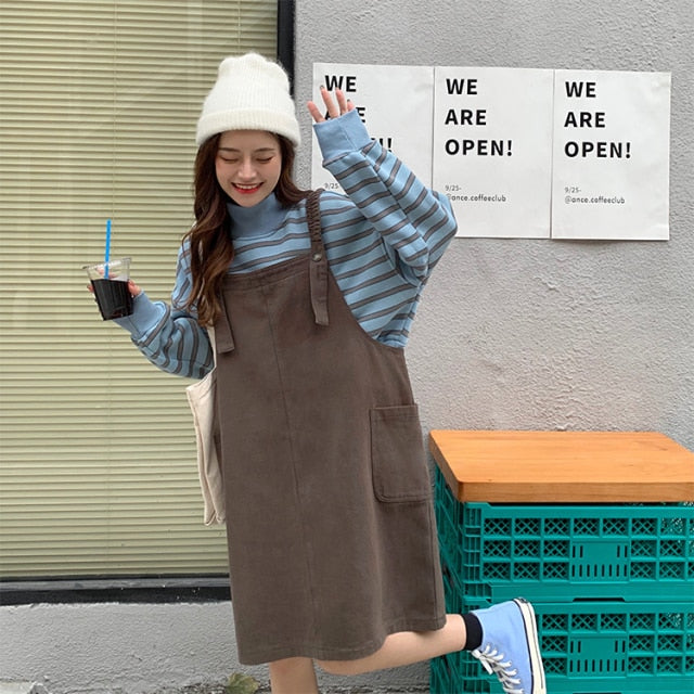 Suéter suave de estilo japonés a rayas, ropa con cordones de sal callejera frita, traje de dos piezas, vestido con tirantes para mujer, Otoño e Invierno