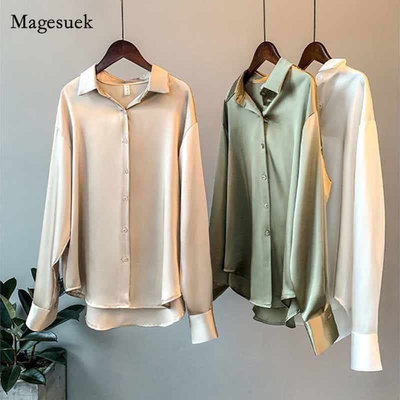 Women Vintage Fashion Button Up Satin Shirt Silk Korean Office Ladies Elegant Shirt Blouse White Long Sleeve Shirts Tops 11355
