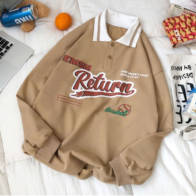 Vintage Polo Collar Oversized Hoodies Women Korean Trendy 2021 Autumn Letter Print Sweatshirt Loose Harajuku Top Long Sleeve