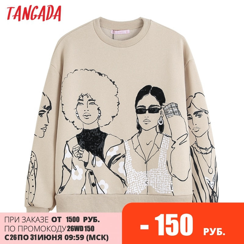 Tangada Frauen Charater Print Graue Sweatshirts Oversize Langarm O Hals Lose Pullover Weibliche Tops 4H1