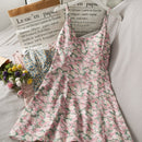 Retro-bedruckter süßer Stil, mittellanges Trägerkleid mit Schönheitsrücken für Frauen, 2021, Sommer-Blumenkleid mit hoher Taille