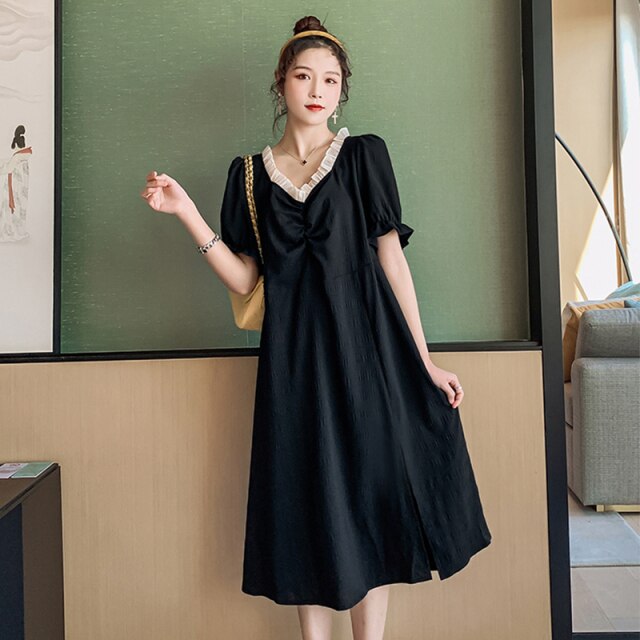 Dress Summer 2021new plus Size Loose Long Skimming Small Black Dress French Retro Short Sleeve Dress for Women