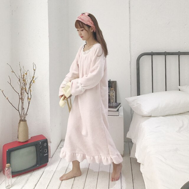 Women's Thick Long-Sleeved Nightdress Autumn and Winter Korean Style Fresh Pajamas Casual Homewear Mid-Length Dress for Students