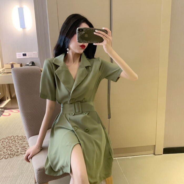 Fresh Internet Celebrity Same Fashion Eleganter Anzugkragen Zweireihig zum Schnüren All-Match Cinched Slimming Short Sleeve Dress