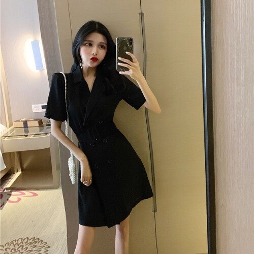 Fresh Internet Celebrity Same Fashion Elegant Suit Collar Double Breasted Lace up All-Match Cinched Slimming Short Sleeves Dress