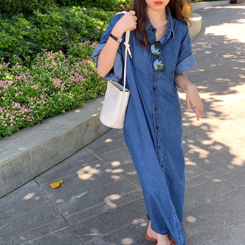 women loose denim shirt dress summer 6889#