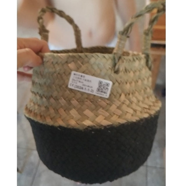 Cesta de almacenamiento tejida hecha a mano, cesta plegable para la colada, cesta para la colada de mimbre de paja, hierba marina, vientre, jardín, maceta, cesta para plantas
