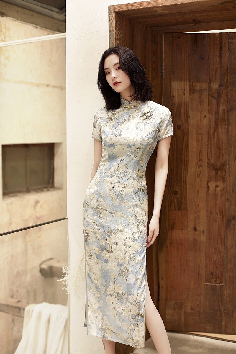 Primavera/verano 2020 nueva moda elegante adelgazamiento diario temperamento adelgazante mejorado de manga corta vestido Cheongsam largo