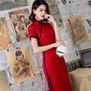 Traditionelles Qipao Chinesisches Cheongsam Herbst Spitzenkleid Handgemachter Knopf Elegante Vintage Frauen Lange Kleider Sexy Rot Grün Lila