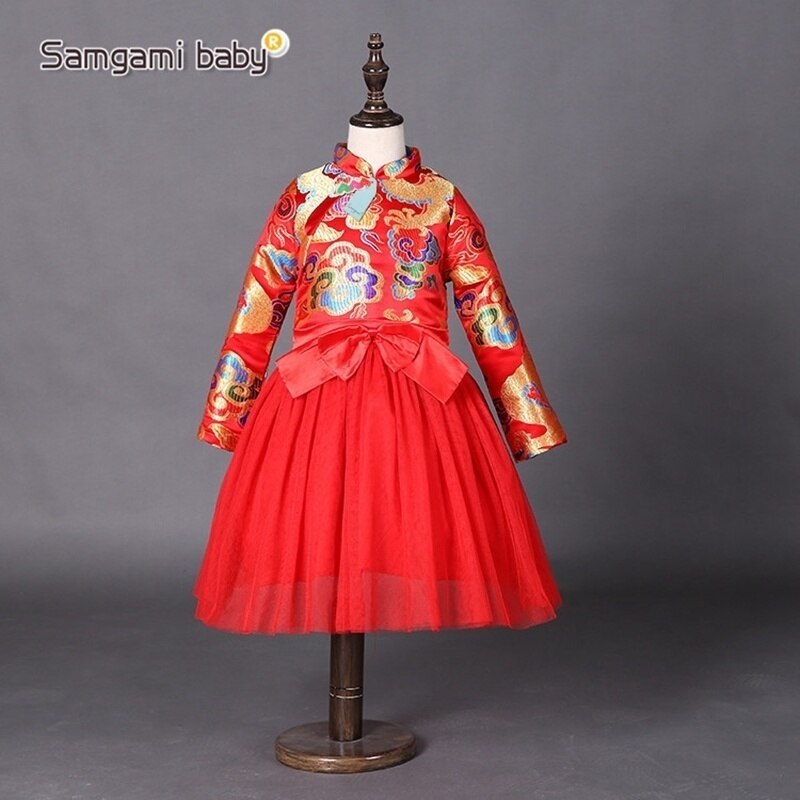 New Year's Little Baby Girls bowknot Dresses Kids Girl Chinese Style Gown Red Cheongsam Formal Dragon Print Formal Dress 2-8Y