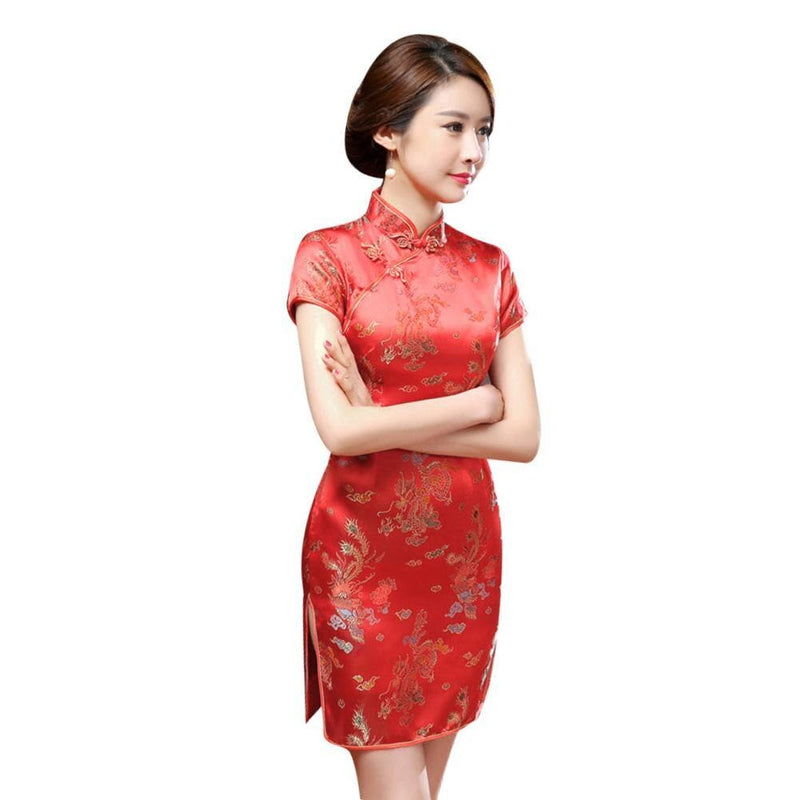 Cheongsams Sommerkleid Frauen Chinese Dragon Phoenix Stickerei Stehkragen Kurzarm Split Minikleid Kleider für Frauen 2021