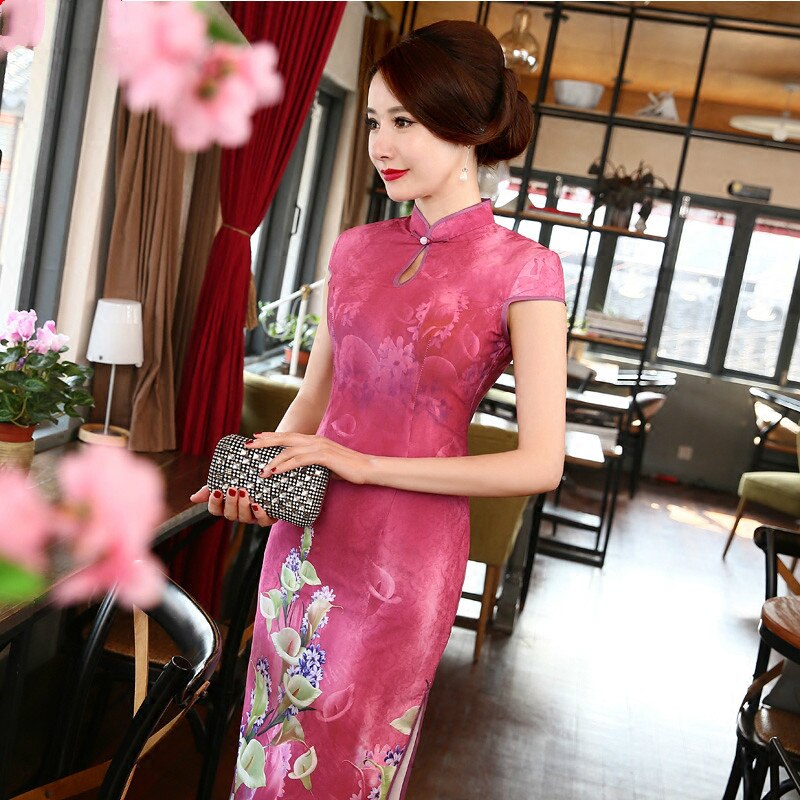 Cheongsam tradicional chino largo Retro modificado vestido delgado elegante rosa rojo mujeres Cheongsams vestido