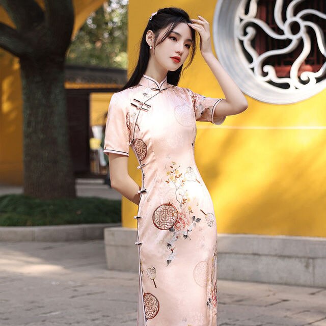 Elegante vestido chino Cheongsam Vintage estampado Floral Qipao mujeres tradicional Split Qipao señoras manga corta vestidos de fiesta Plus