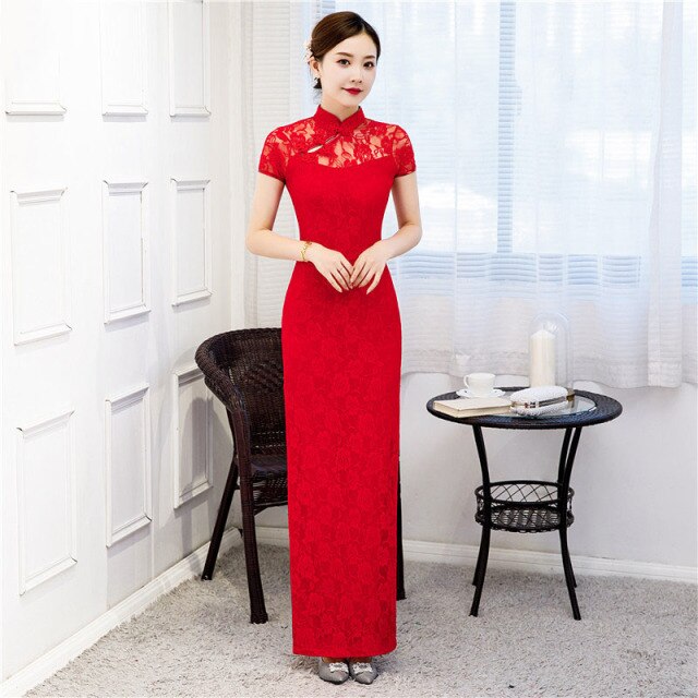 Trional Damen Cheongsam Kurzarm Vintage Langes Kleid Kostüme Elegant Plus Size Kleider S bis 5XL Schwarz Rot