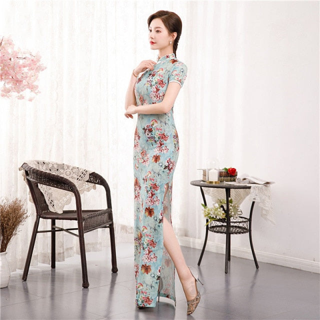 2021 Sommer Langes Cheongsam Sexy Dünnes Kleid Floral Slim Vintage Plus Size Karierte Kleider Qipao S bis 6XL Grün Blau