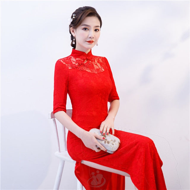 Vestido Cheongsam nuevo para mujer, disfraz elegante para espectáculo, vestidos largos, Qipao de estilo chino de media manga de talla grande, vestido de novia rojo para mujer