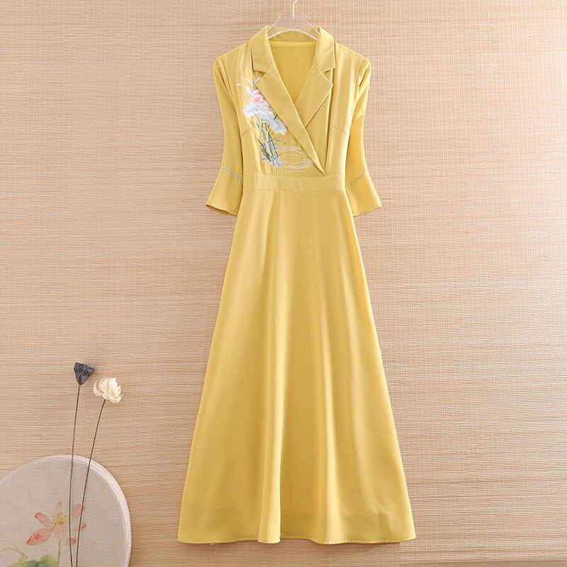 High-end Autumn Fashion Women Chinese Style Embroidery Suit Collar Midi Dresses Slim Elegant Lady Party Dress S-XXL