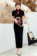 Nuevo vestido Cheongsam largo negro bordado de dragón traje de espectáculo Vintage mujeres Qipao moda verano vestidos femeninos