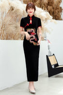 Nuevo vestido Cheongsam largo negro bordado de dragón traje de espectáculo Vintage mujeres Qipao moda verano vestidos femeninos