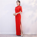 Frauen New Cheongsam Kleid Rot Pailletten Spitze Show Kostüm Lange Kleider Chinesischer Stil Qipao Schlankes Hochzeitskleid Blau Schwarz