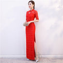 Frauen New Cheongsam Kleid Rot Pailletten Spitze Show Kostüm Lange Kleider Chinesischer Stil Qipao Schlankes Hochzeitskleid Blau Schwarz