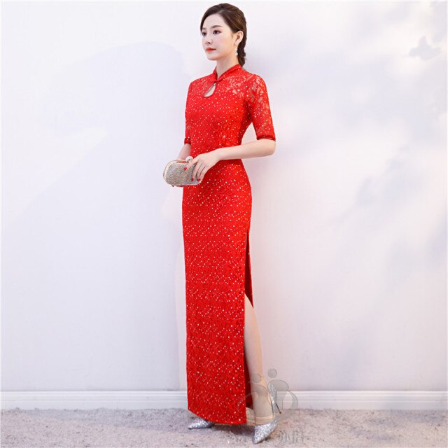 Frauen New Cheongsam Kleid Rot Pailletten Spitze Show Kostüm Lange Kleider Chinesischer Stil Qipao Schlankes Hochzeitskleid Blau Schwarz