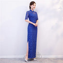 Frauen New Cheongsam Kleid Rot Pailletten Spitze Show Kostüm Lange Kleider Chinesischer Stil Qipao Schlankes Hochzeitskleid Blau Schwarz