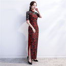 Frauen New Cheongsam Kleid Rot Pailletten Spitze Show Kostüm Lange Kleider Chinesischer Stil Qipao Schlankes Hochzeitskleid Blau Schwarz