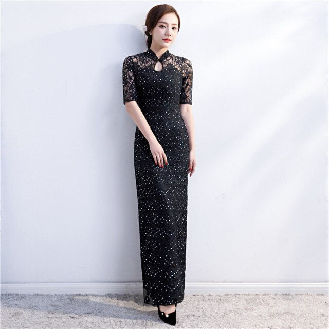 Vestido Cheongsam nuevo para mujer, traje de espectáculo de encaje con lentejuelas rojas, vestidos largos, vestido de boda ajustado Qipao de estilo chino, azul y negro
