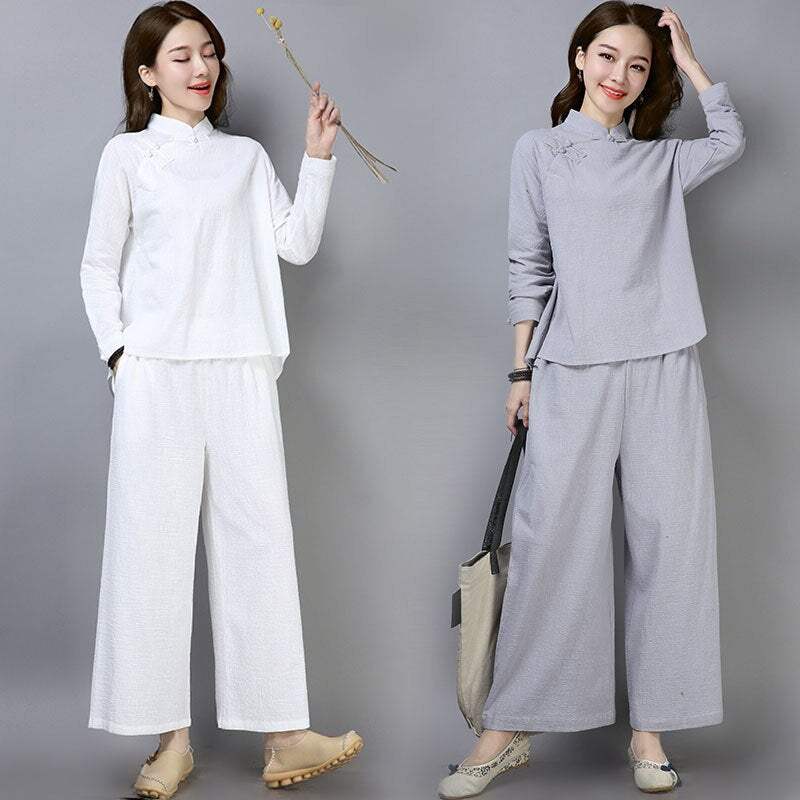 Ropa de diario de algodón y lino chino 2021, top con cuello mandarín, pantalones de pierna ancha, traje oriental holgado mejorado tang, traje artístico de té