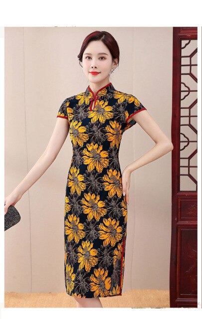Neue Frauen Cheongsam Vintage Plus Size Kleid weibliche mittlere lange Kleider Kostüm Qipao für Mutter XL bis 5XL