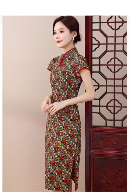 New Women Cheongsam Vintage Plus Size Dress Female Mid Long Dresses Costume Qipao for Mother XL To 5XL