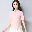 Sommer Chinesischer Stil Frauen Retro Hemden Stehkragen Schnalle Lose Baumwolle und Leinen Nationale Frauen Bluse Top Plus Größe