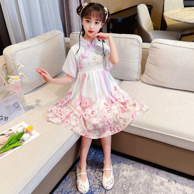Vestido de verano para niña, vestido de princesa de gasa Cheongsam con falda para niños nuevos 2021