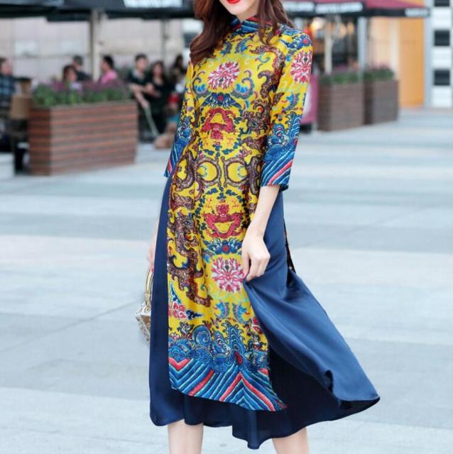 Spring Improved Retro Printing Contrast Color Stitching Mid-length Cheongsam Dress Chinese Style Ladies Daily Dress