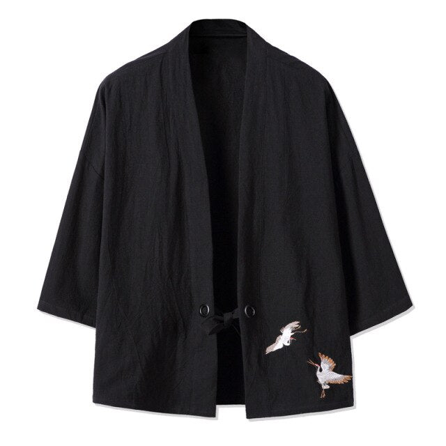 Streetwear Kimono Cardigan Summer Tops For Men 2021 Crane Embroidery Casual Shirts Male Harajuku Vintage Clothing 5XL