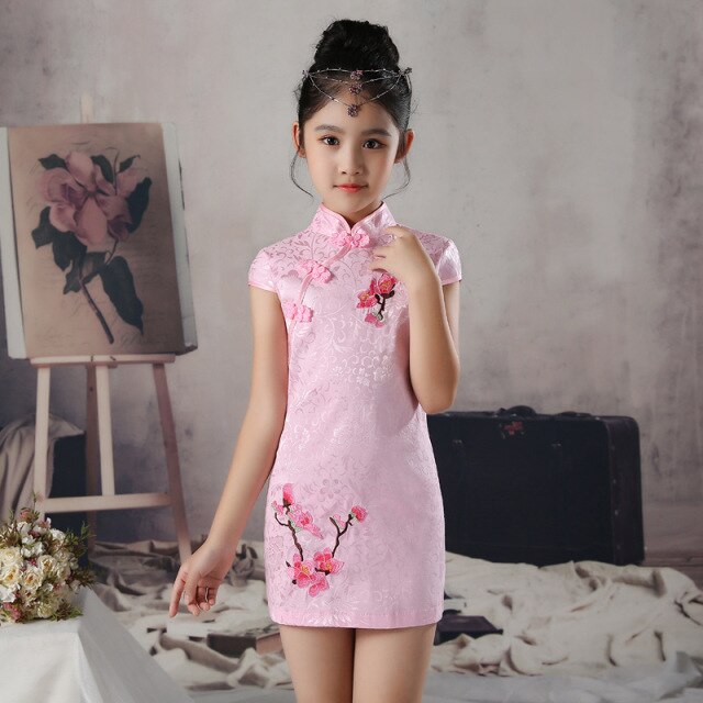 Embroidery Flower Girls Cheongsam Short Sleeve Qipao Chinese Style Stage Show Dress Summer Slim Formal Dress Chinese Dress