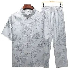 Conjunto de dos piezas de pantalones de manga corta informales de verano de ropa de mediana edad para hombres Tang de seda