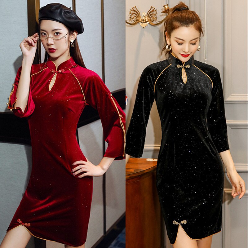 Nuevo Cheongsam de terciopelo 2021, estilo chino Retro, vestido Cheongsam modificado para jóvenes, vestido de banquete B433