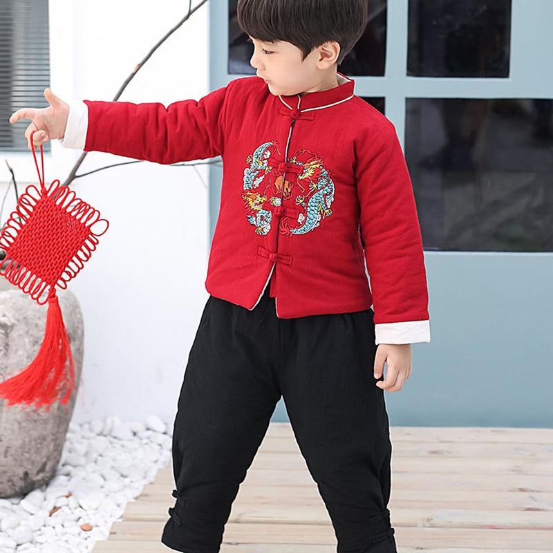 1 Juego de traje Tang de Año Nuevo para niños, abrigo de algodón bordado de estilo chino, conjunto de pantalones largos, ropa tradicional china para hombres