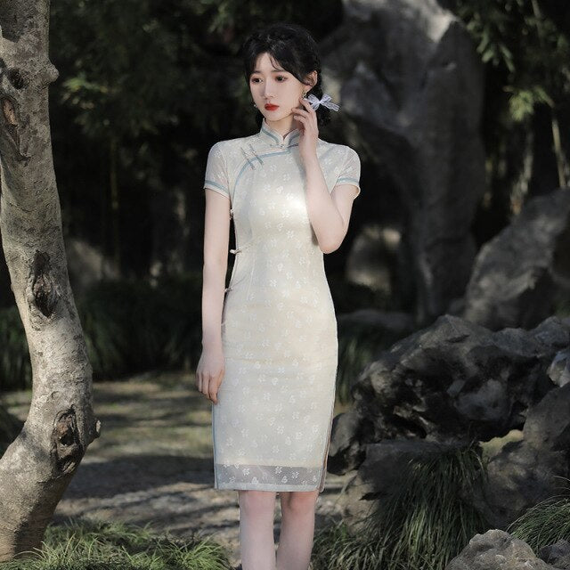 Chinesischer Stil Verbesserte Kurzarm Spitze Stickerei Cheongsam Frühling Sommer Frauen Vintage Sexy High Split Kleid