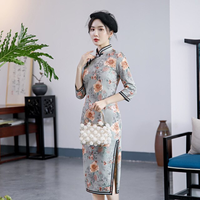 Otoño Invierno nueva siesta de gamuza de longitud media chino tradicional Qipao Cheongsam Sexy elegante китайское платье Slim Fit Ципао Party