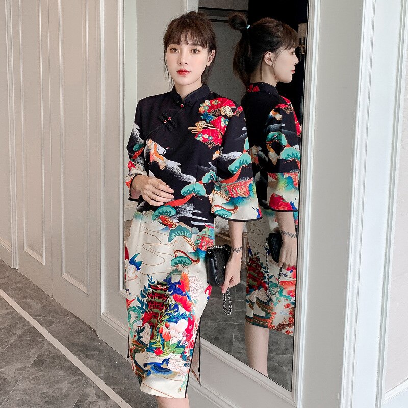 Real-time Guofeng Temperament Printed Dress Autumn and Winter New Sleeve Modified Split Cheongsam