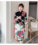 Echtzeit Guofeng Temperament bedrucktes Kleid Herbst und Winter New Sleeve Modified Split Cheongsam