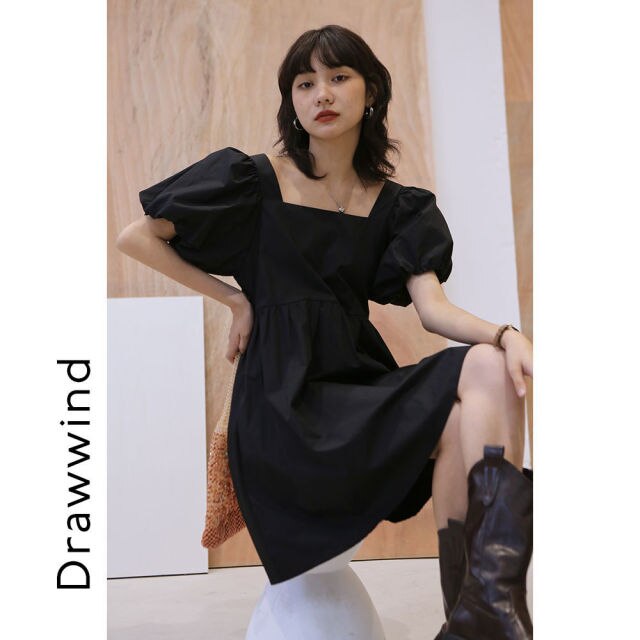 Girl Elegant Dress Bubble Sleeve Women's Summer New Style Square Neck Loose Temperament Short Slim Harajuku Vintage Mini Dress