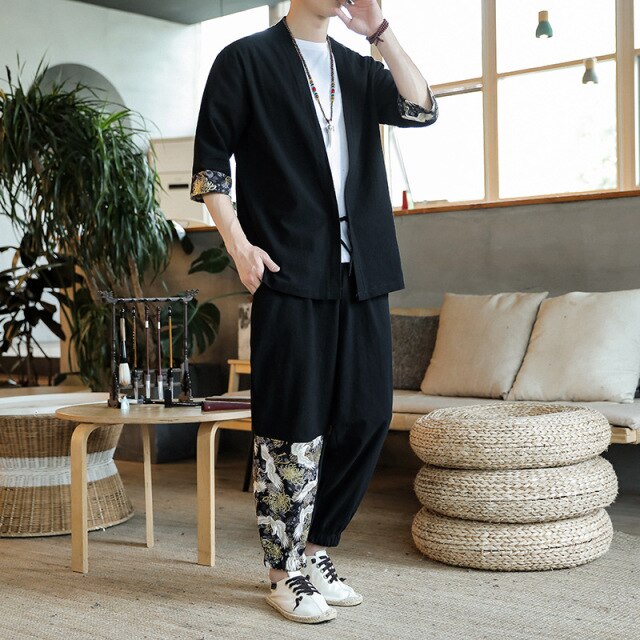 Men Chinese Style Hanfu Tang Suit Japanese Robes Retro Crane Embroidery Casual Trousers Cardigan Harem Pants Kung Fu Uniform Set