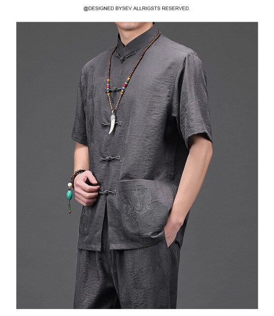 Tang-Anzug Männer Sommerkleidung ältere Kleidung Baumwolle und Leinen im chinesischen Stil Kurzarm-Anzug Leinen Flut