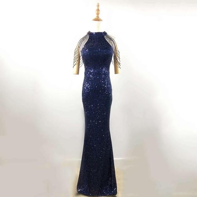 Female Silver Elegant Tassel Trim Banquet Gown Exquisite Sequins Sexy Slim Formal Party Dress Temperament Celebrity Dresses