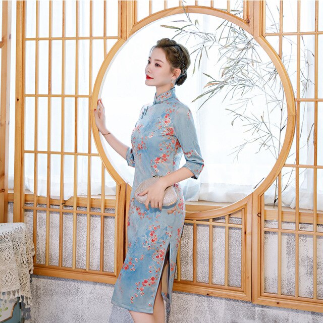 Chinese style Cheongsam bridesmaid dress modified Cheongsam in the long slim retro printed Cheongsam dress qipao modern