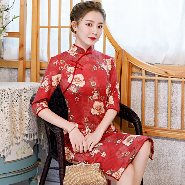 Chinese style Cheongsam bridesmaid dress modified Cheongsam in the long slim retro printed Cheongsam dress qipao modern